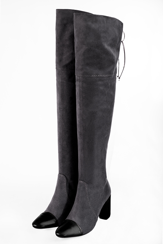 Gloss black and dark grey women's leather thigh-high boots. Round toe. High block heels. Made to measure. Front view - Florence KOOIJMAN